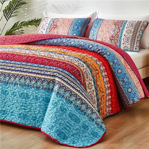 BEDDING Boho Quilt Set Queen Size, Bohemian Stripe 3 Pieces Christmas - Picture 5 of 7